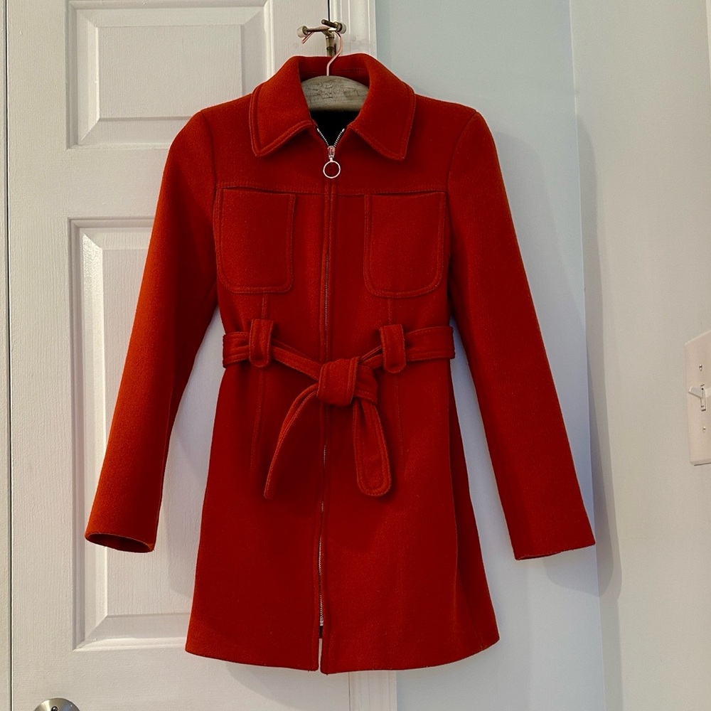 Zara Woman Elegant Burnt Orange Retro Long Sleeve Coat With Tie